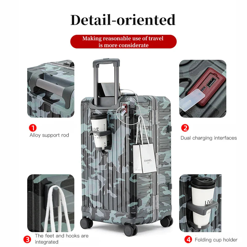 Robuster Hartschalen-Reisekoffer mit breitem Griff, ideal als Handgepäck für Urlaub und Geschäftsreise.