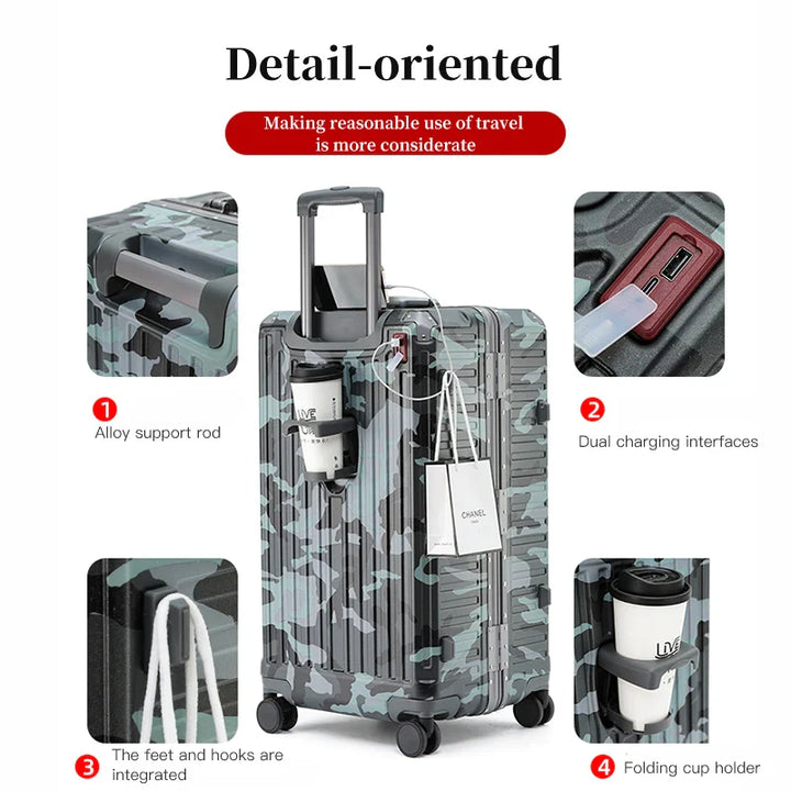 Robuster Hartschalen-Reisekoffer mit breitem Griff, ideal als Handgepäck für Urlaub und Geschäftsreise.