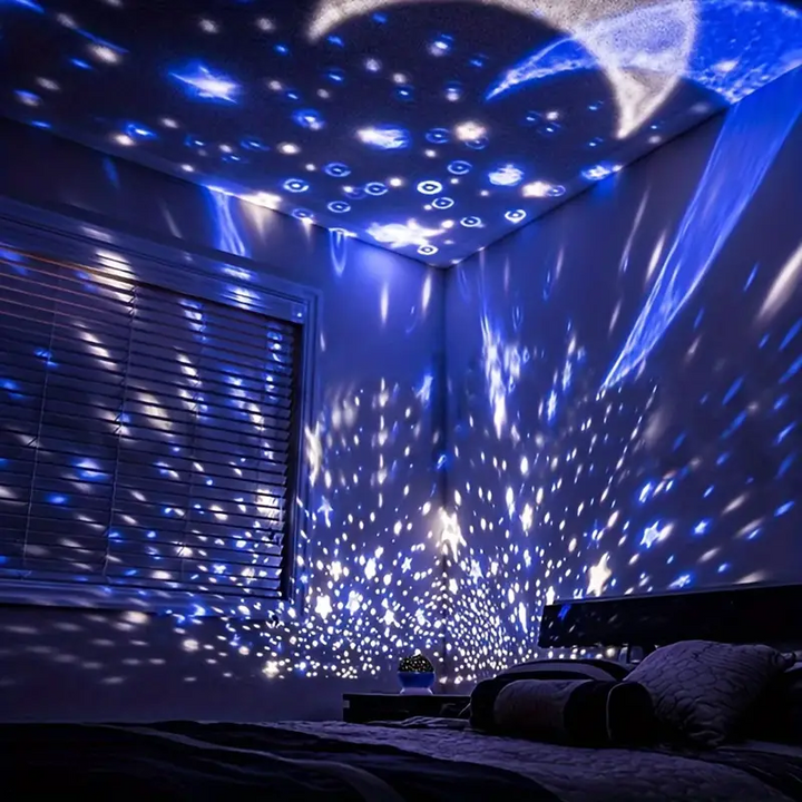 "Sternenprojektor Nachtlampe, beruhigende Nachtbeleuchtung mit funkelndem Sternenhimmel in Blau und Rosa für Kinderzimmer."