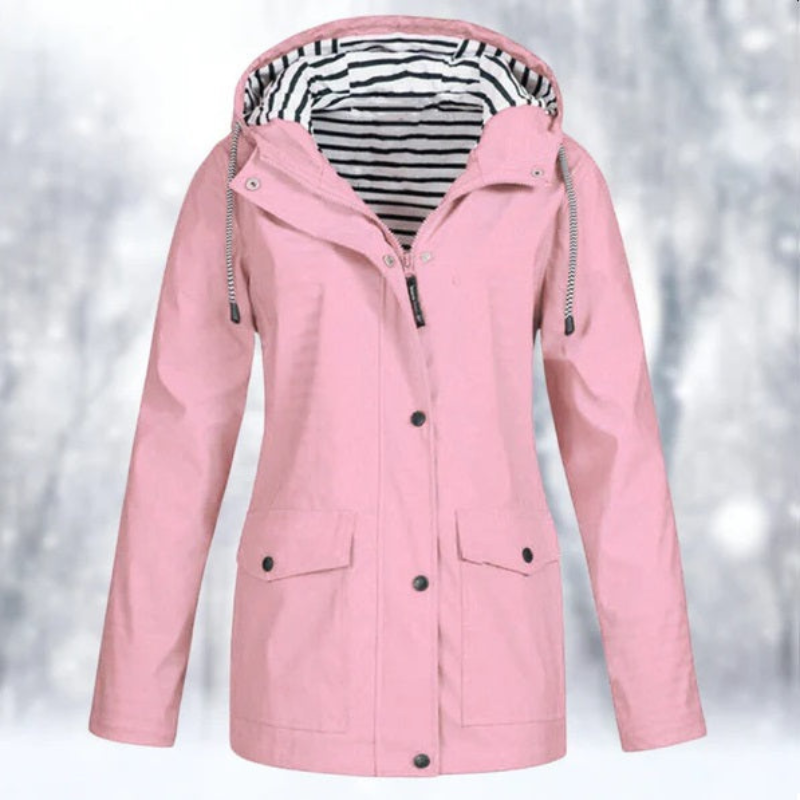 Damen Regenjacke mit Kapuze, wasserdicht & warm. Perfekt für Outdoor-Abenteuer im Winter.