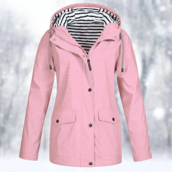 Damen Regenjacke mit Kapuze, wasserdicht & warm. Perfekt für Outdoor-Abenteuer im Winter.