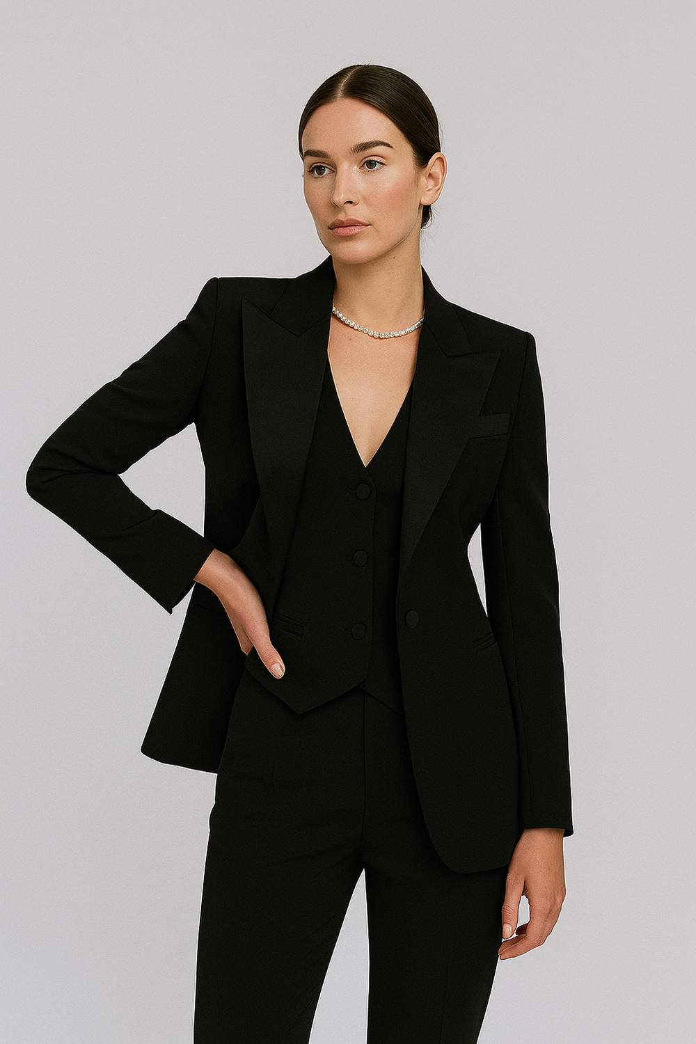 Eleganter Damen-Dreiteiler mit Hose, Blazer & Top. Perfekt für stilvolle Sommer-Outfits.
