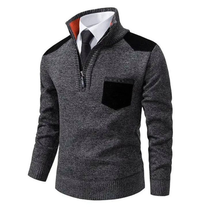 Moderner Langarm Herren Pullover, smartcasual. Viertelreißverschluss und Brusttasche für extra Stil.