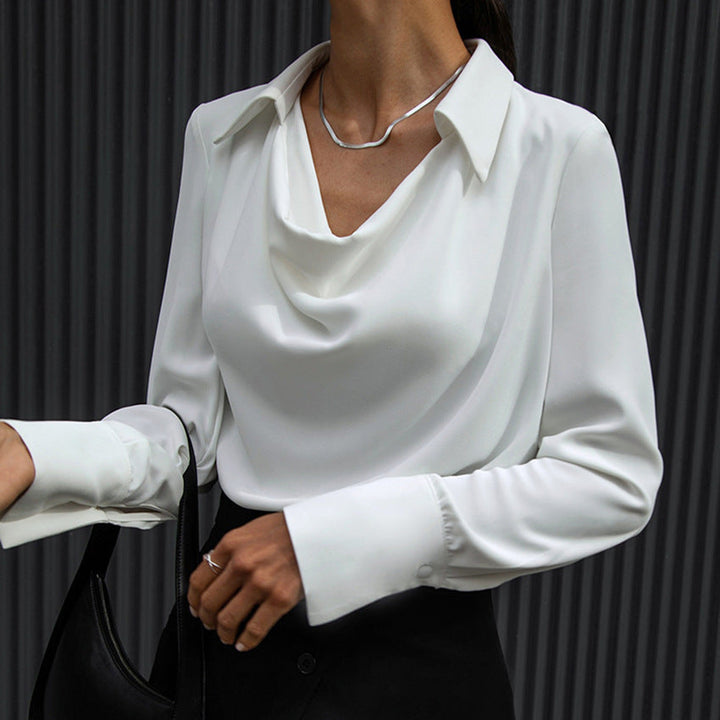 Stilvolles Damen Langarmshirt mit elegantem Wasserfallkragen in Unifarbe, ideal für Herbstmode, Büro & Freizeit.