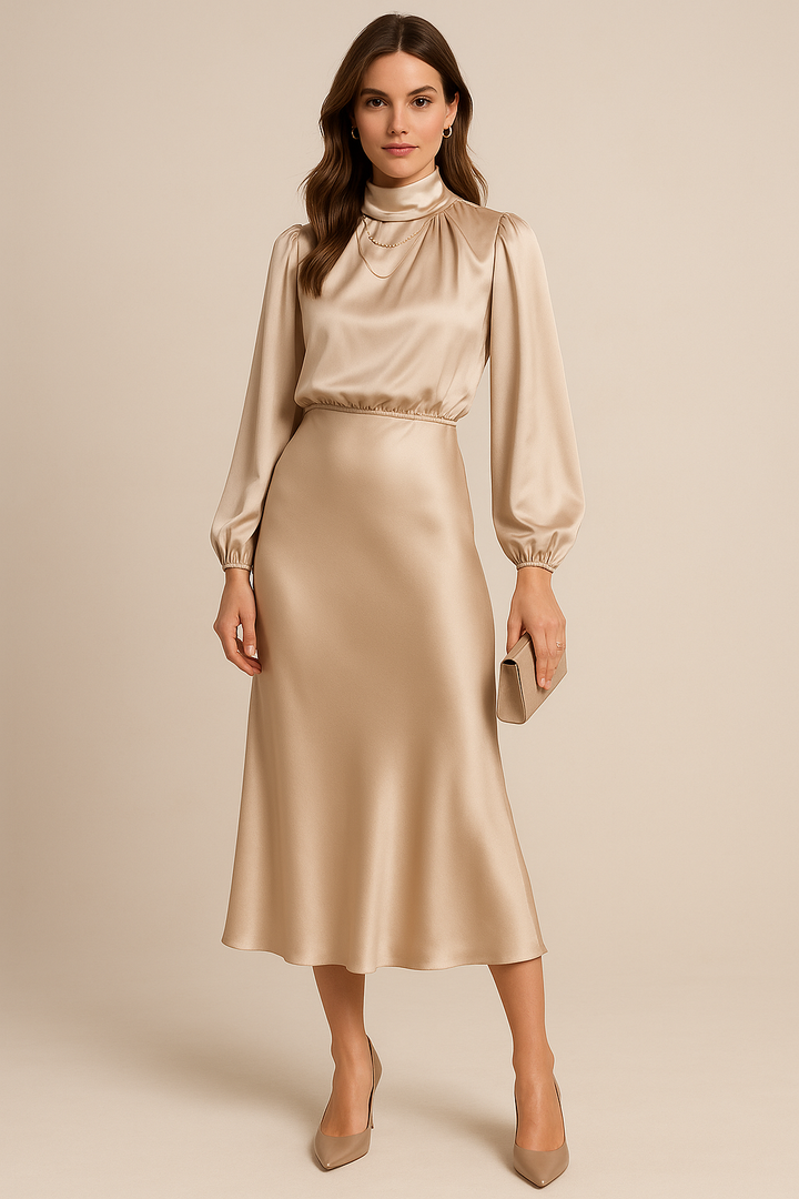 Stilvolles Damen Midikleid mit hohem Ausschnitt für den Winter. Elegant, langärmlig und komfortabel für Büro oder Freizeit.