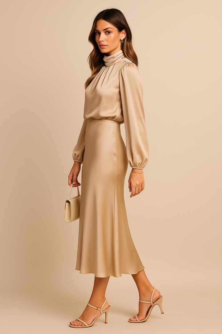 Elegantes Damen Winterkleid: Midi-Länge, hoher Ausschnitt, Langarm. Perfekt für Komfort und Stil an kalten Tagen.
