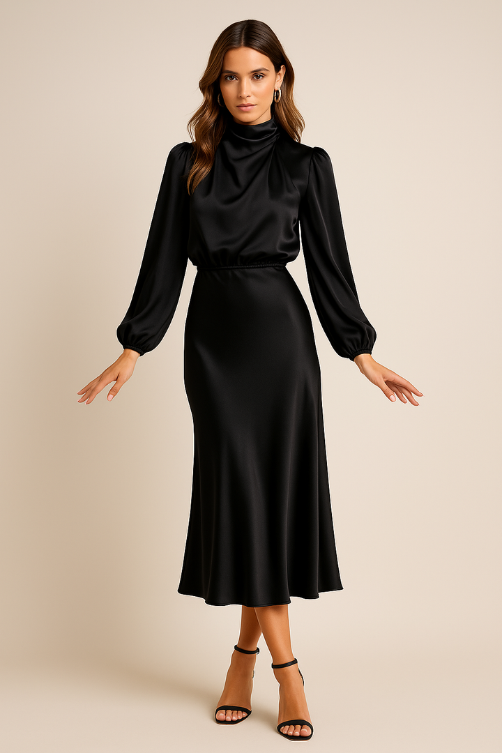 Vielseitiges Damen Midikleid mit hohem Ausschnitt. Ideal als schickes Bürokleid oder elegantes Freizeitkleid im Winter.