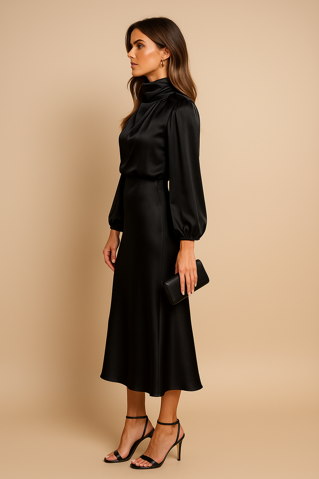 Warmes Langarm Damen Midikleid mit hohem Ausschnitt. Komfortables Winterkleid, stilvoll und zeitlos für elegante Looks.