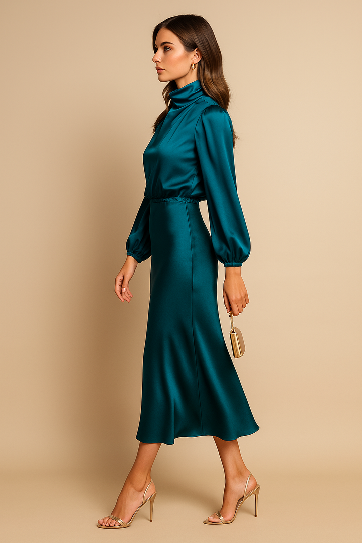 Modisches Damen Midikleid mit hohem Ausschnitt. Elegantes, langärmliges Winterkleid für Büro, Freizeit und besondere Anlässe.