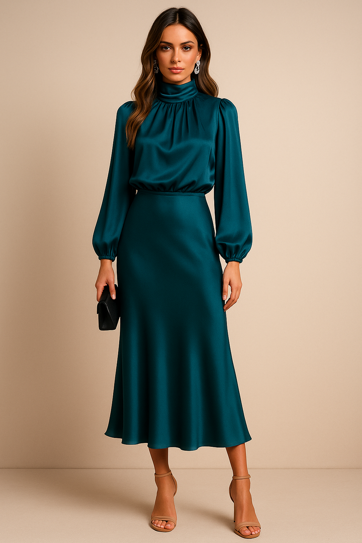Damen Winterkleid, Midi-Länge, hoher Ausschnitt. Komfortables, stilvolles Langarmkleid für einen eleganten Auftritt.