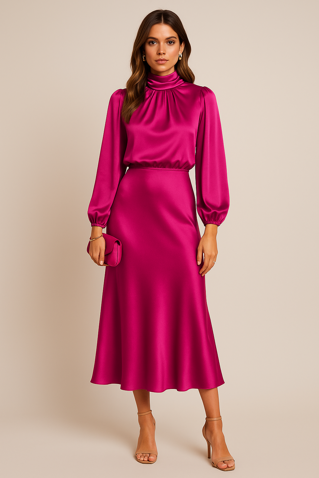 Schickes Damen Midikleid mit hohem Ausschnitt. Perfektes Langarm-Winterkleid, das Eleganz und Alltagskomfort vereint.