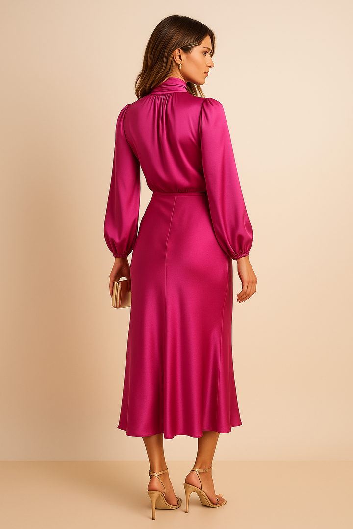 Modernes Damen Midikleid mit hohem Ausschnitt. Dieses elegante Winterkleid mit Langarm ist ein vielseitiges Mode-Highlight.