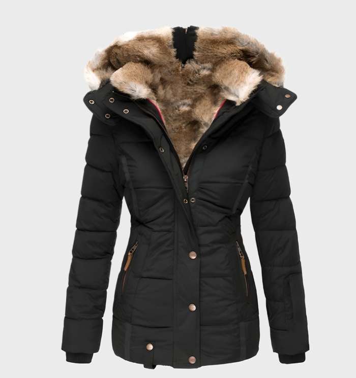 Stylische Damen Winterjacke Slim Fit mit Kapuze. Warm, elegant und perfekt für kalte Wintertage.