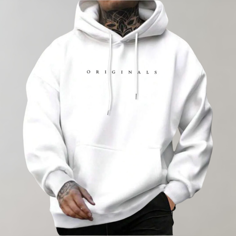 Stylischer weißer Herren Hoodie für moderne Lässigkeit & Komfort. Vielseitiger Kapuzenpullover für Freizeitmode.