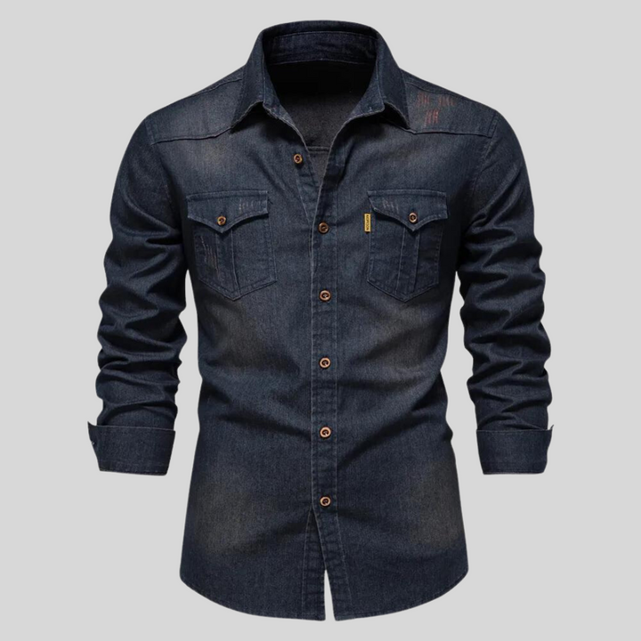 Stylisches Herren-Jeanshemd in Marineblau, Langarm. Vielseitiges Freizeithemden für Casual Mode & Winter.