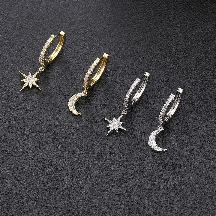 Elegantes Ohrringe Paar Mond und Stern Design mit Zirkon Steinen als edler Damenschmuck.