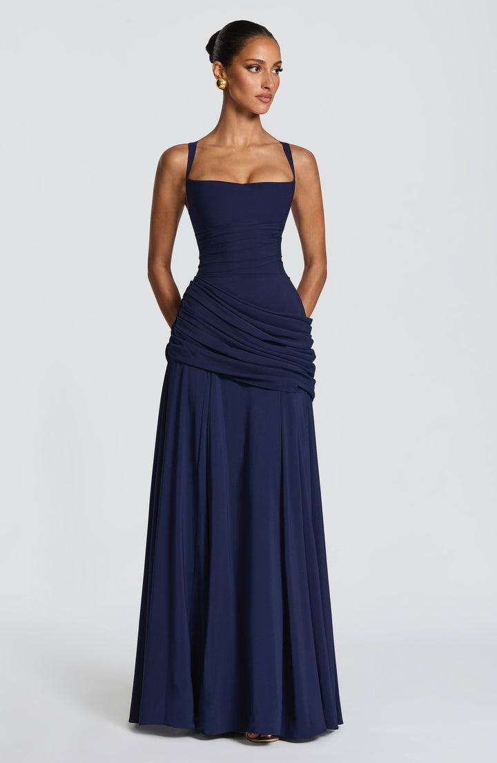 Damen Maxikleid in Marineblau Detailansicht