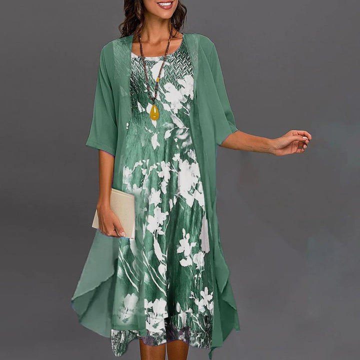 Damen Blumenmuster Kleid-Set mit Strickjacke