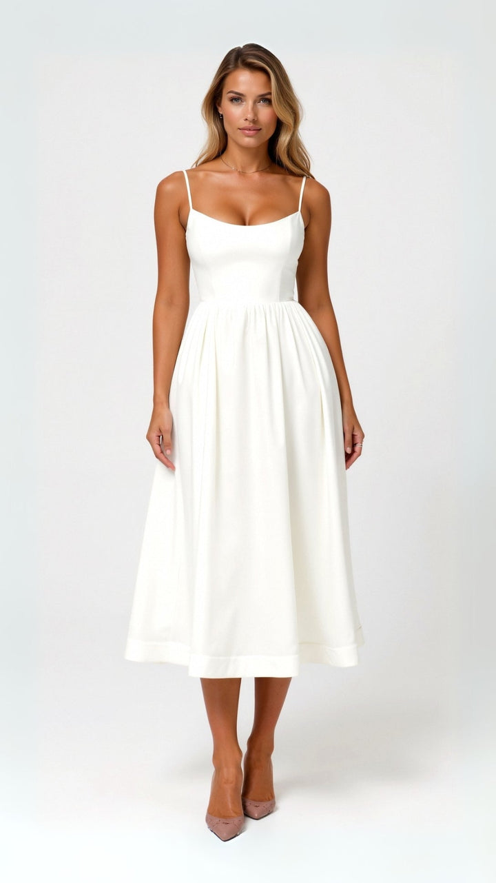 "Tamera Fließendes Midikleid, elegantes Design, hellblau, Midi-Länge, leichter Stoff, feminin und stilvoll."