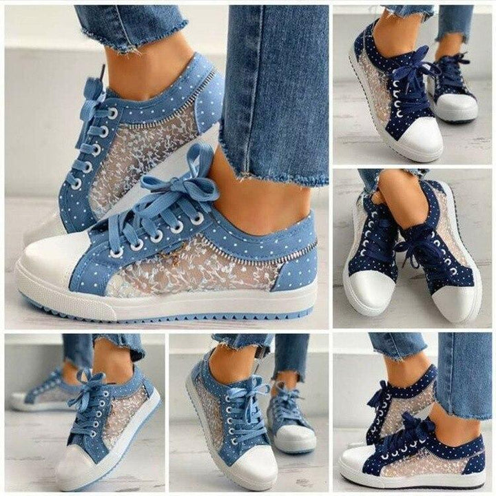 Damen Sneakers mit Punkten und Schnürung, leichte Sommerschuhe