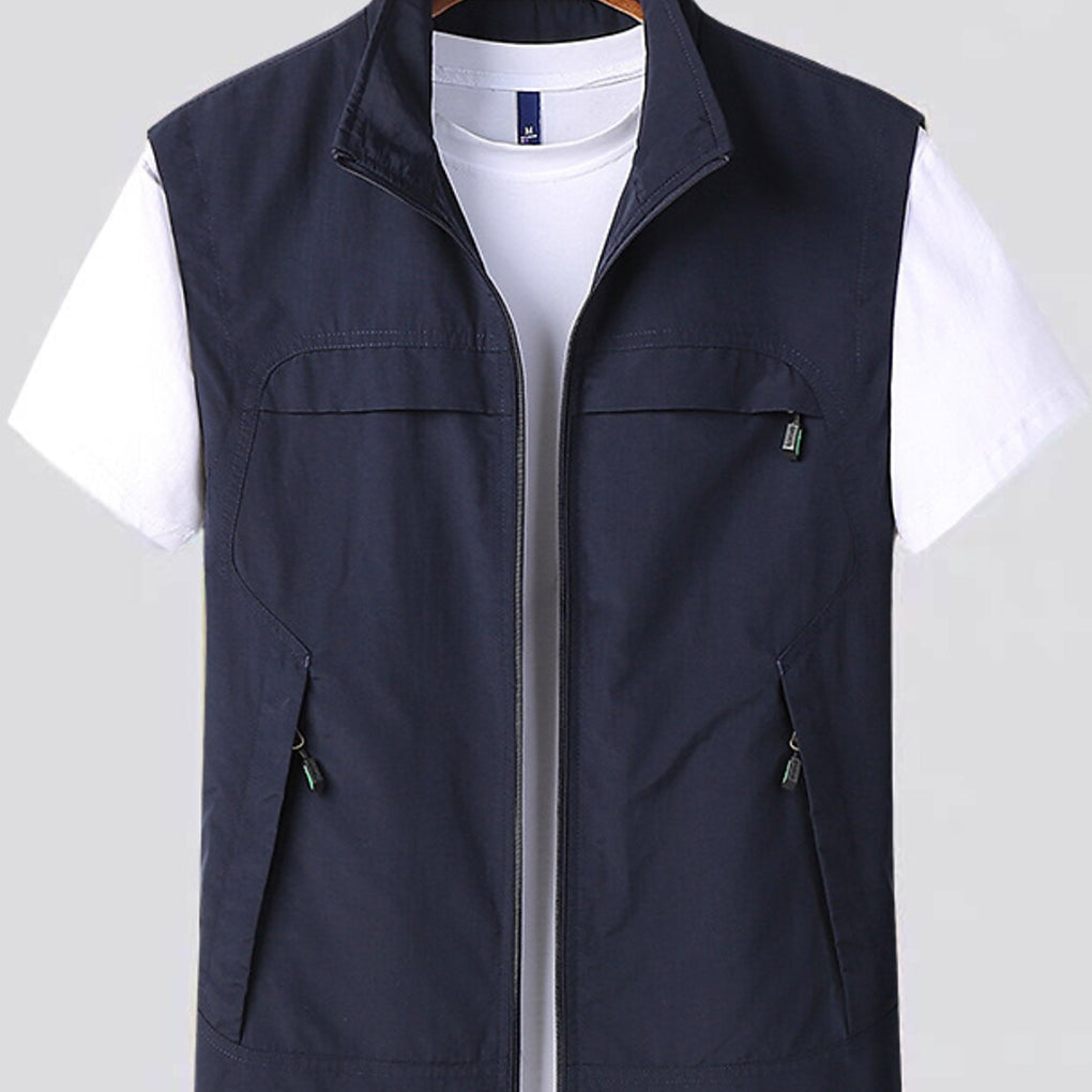 Robuste Herren Utility Weste mit Stehkragen, Reissverschluss & vielen Taschen, ideal für Outdoor & Freizeit.