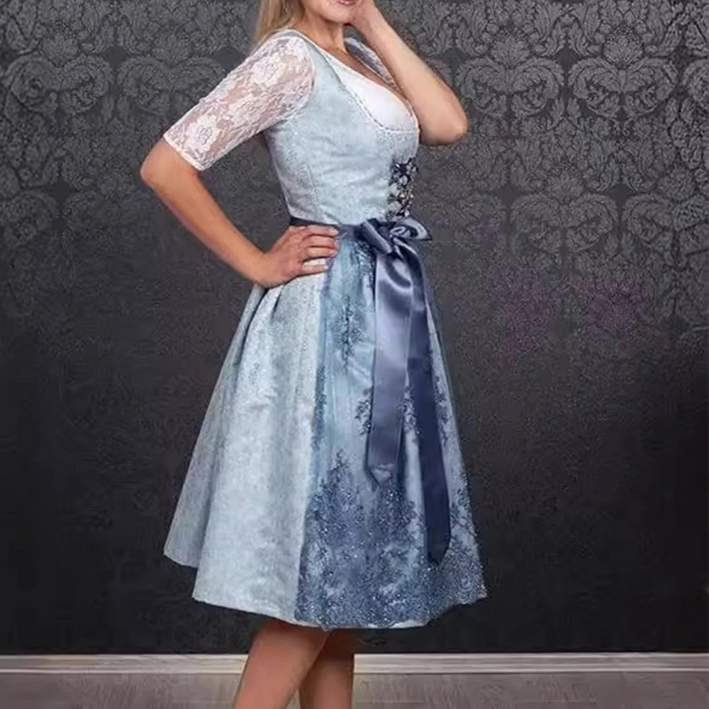 Elegantes Damen Dirndl in Blau, festliches Midi Trachtenkleid mit passender Schürze für das Oktoberfest und Feste.