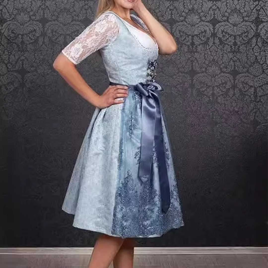 Elegantes Damen Dirndl in Blau, festliches Midi Trachtenkleid mit passender Schürze für das Oktoberfest und Feste.