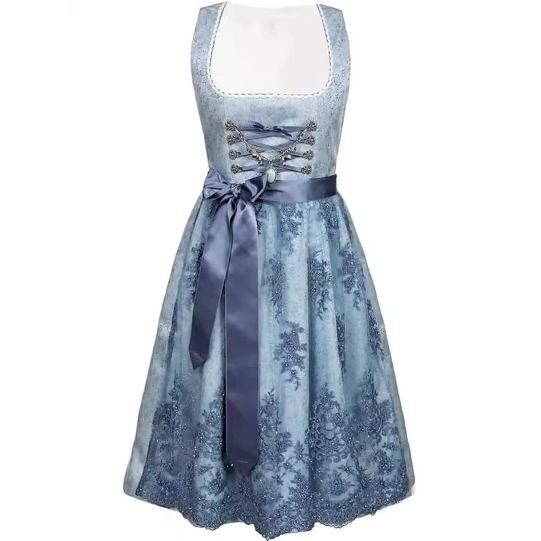 Hochwertiges blaues Damen Dirndlkleid mit Schürze, perfekt für Volksfeste, das Oktoberfest und traditionelle Anlässe.