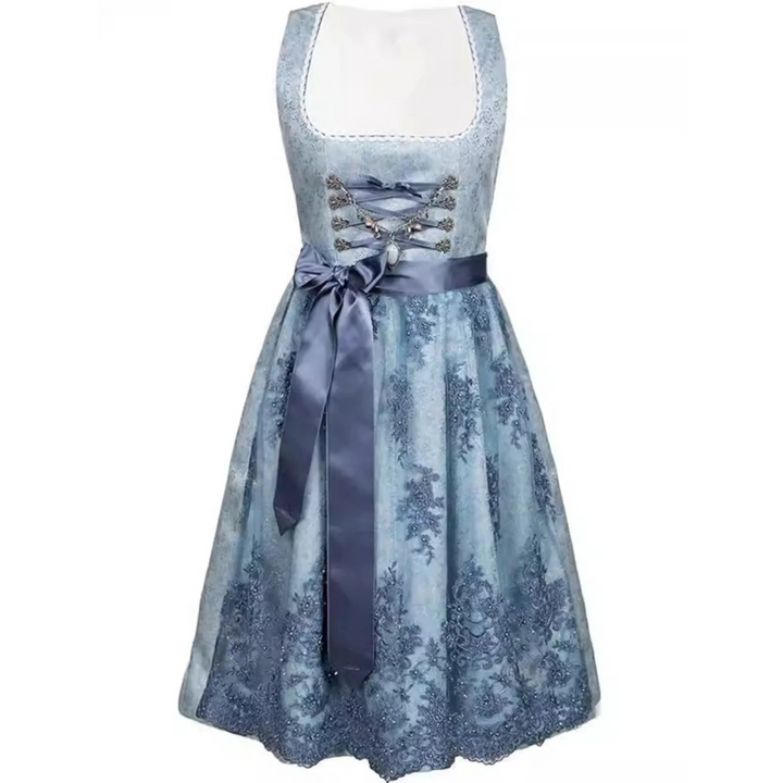 Hochwertiges blaues Damen Dirndlkleid mit Schürze, perfekt für Volksfeste, das Oktoberfest und traditionelle Anlässe.