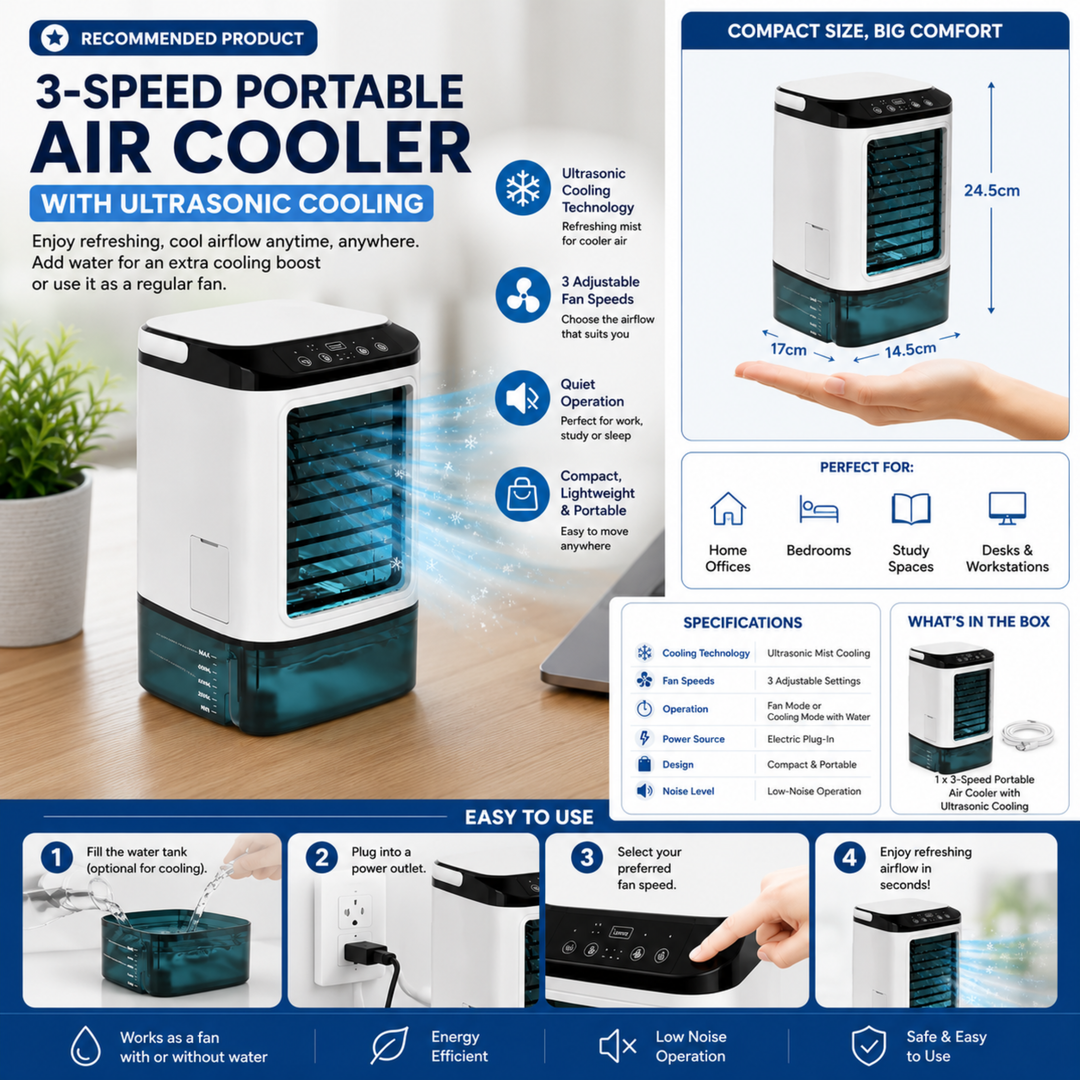 Kompakte tragbare Klimaanlage für den Schreibtisch. Geräuscharmer Ventilator mit 3 Geschwindigkeiten, ideal für Sommer.