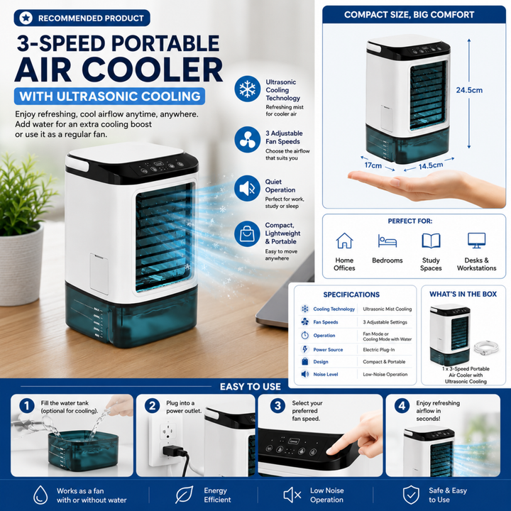 Kompakte tragbare Klimaanlage für den Schreibtisch. Geräuscharmer Ventilator mit 3 Geschwindigkeiten, ideal für Sommer.
