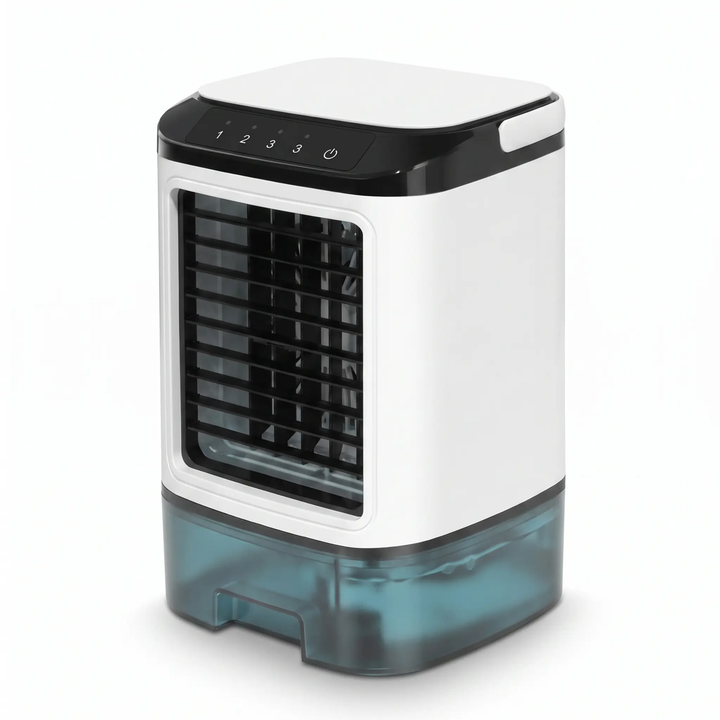 Ultraschall-Kühler und Ventilator für Zuhause oder Büro. Diese kleine, tragbare Klimaanlage sorgt für Erfrischung.
