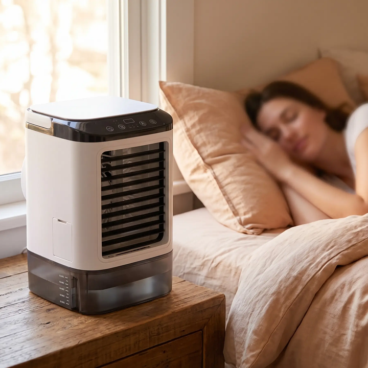 Geräuscharme tragbare Klimaanlage mit 3-Stufen-Lüfterfunktion, perfekt für Schlafzimmer und erholsamen Schlaf.