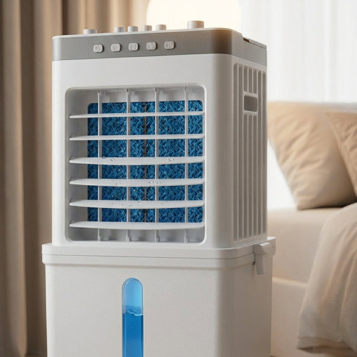 Tragbarer 3-in-1 Luftkühler, Entfeuchter & Ventilator für effizientes Raumklima. Leise Kühlung im Sommer.