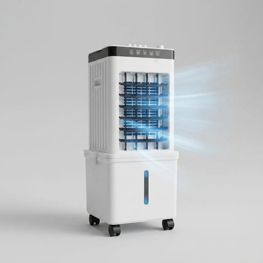 Kompakter, energieeffizienter 3-in-1 Raumkühler und Luftentfeuchter. Modernes Design für jedes Zuhause.