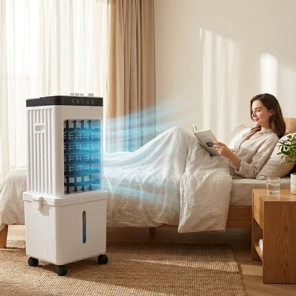 Tragbarer leiser Luftkühler als Ventilator und Entfeuchter für angenehmes Raumklima an heißen Sommertagen.