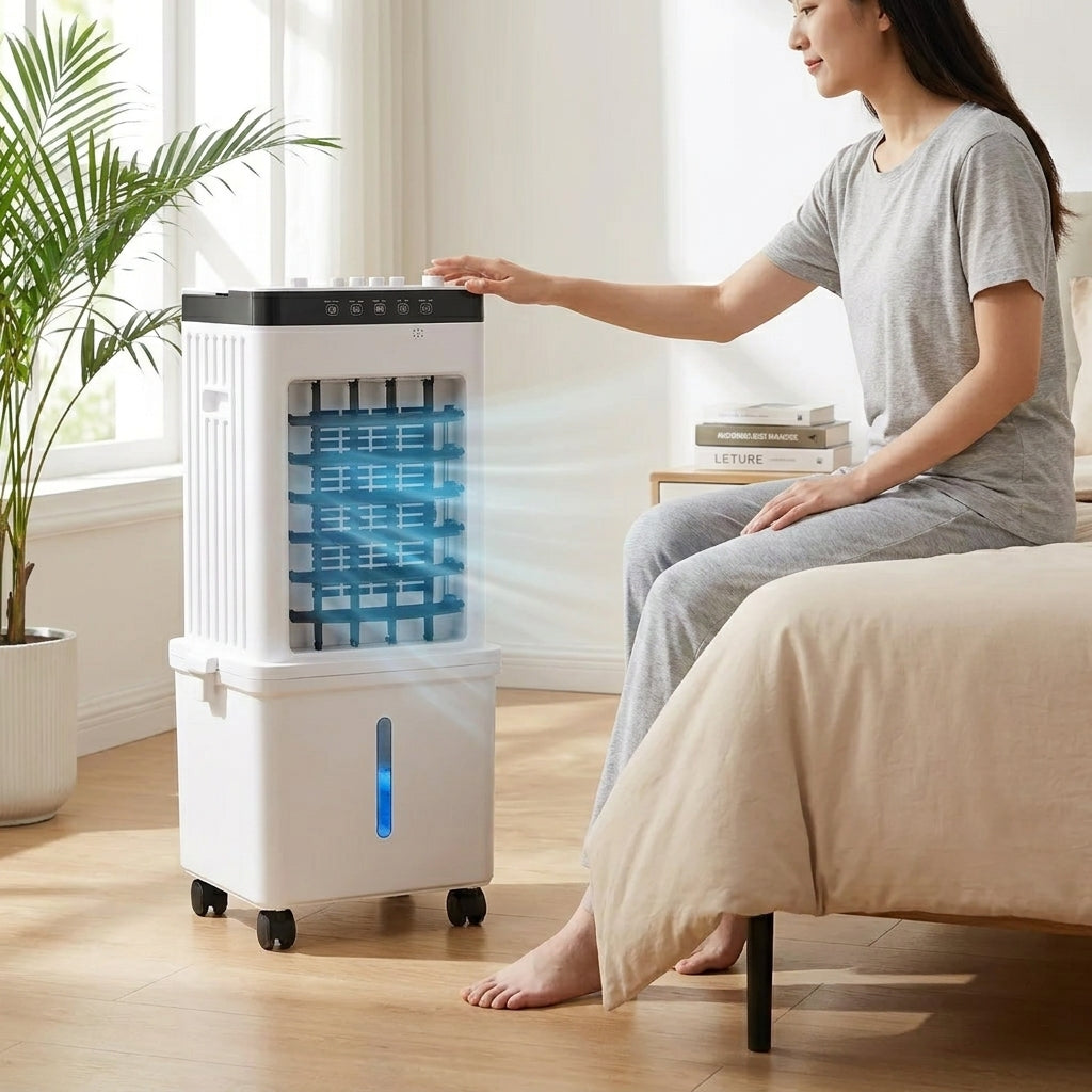 Vielseitiger Luftkühler, Entfeuchter und Ventilator. Dieses tragbare Haushaltsgerät sorgt für frische Luft.