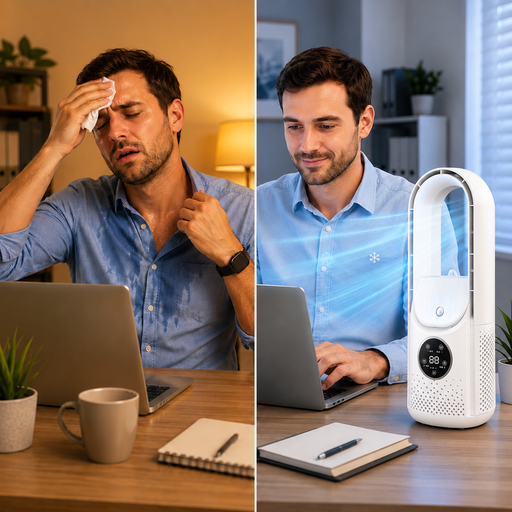 Moderner bladeless Luftkühler als leiser Tischventilator für erfrischende Kühle am Arbeitsplatz.