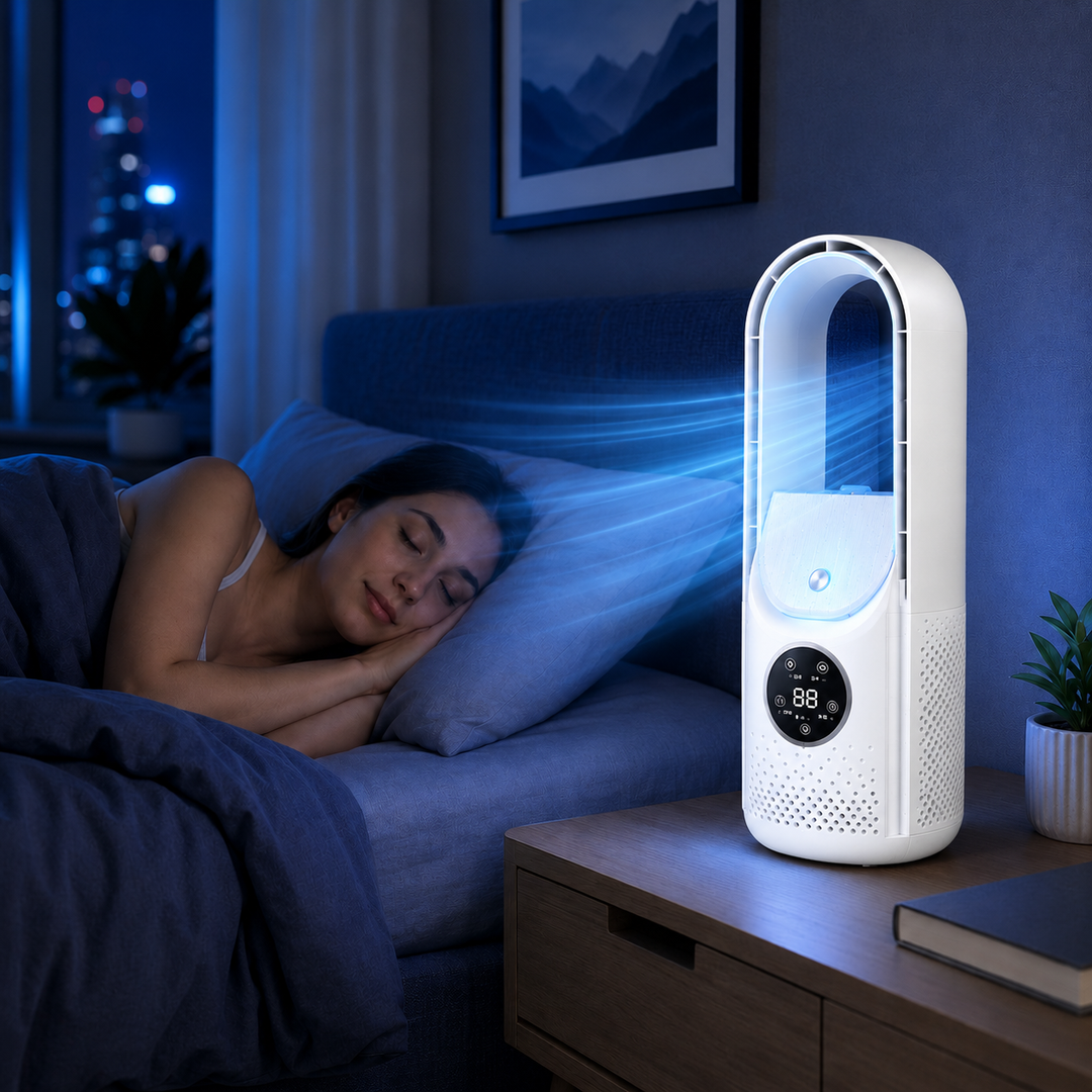 Kompakter Bladeless Luftkühler für angenehme, energiesparende Kühlung im Schlaf- oder Wohnzimmer.