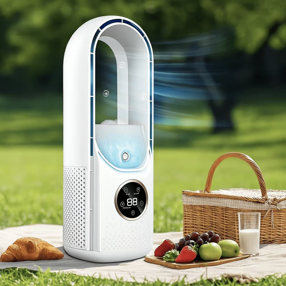 Multifunktionaler USB Luftkühler & Befeuchter, blattlos & leise, perfekt für frische Raumluft im Sommer.