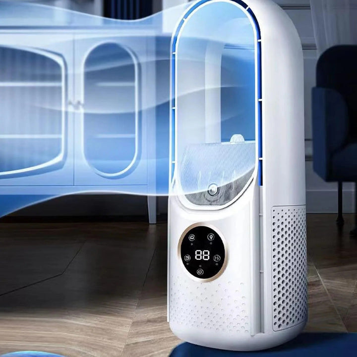 Moderner blattloser USB Tischventilator mit 6 Geschwindigkeiten; tragbar für leise & effiziente Kühlung.