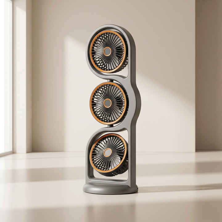 Tragbarer Dreikopf-USB-Ventilator mit 5 Geschwindigkeiten für kühle Brise im Büro oder Outdoor. In Schwarz/Weiß.