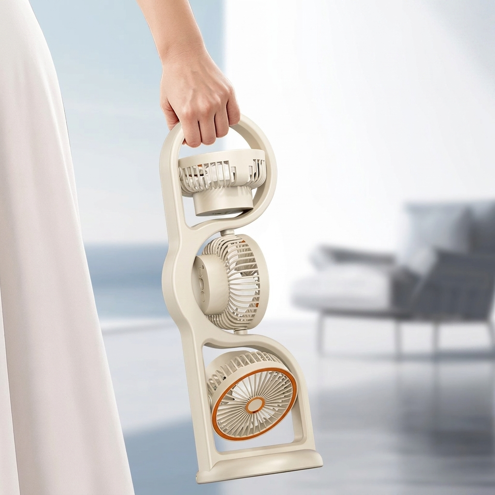 Kompakter, wiederaufladbarer Dreikopf-Ventilator, ideal für Sommer, Reisen & Büro. Schnelle persönliche Kühlung.