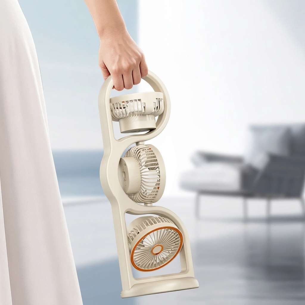 Kompakter, wiederaufladbarer Dreikopf-Ventilator, ideal für Sommer, Reisen & Büro. Schnelle persönliche Kühlung.