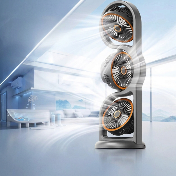 Eleganter tragbarer Dreikopf-Ventilator in Weiß/Schwarz, USB-betrieben. Bietet 5 einstellbare Geschwindigkeiten.