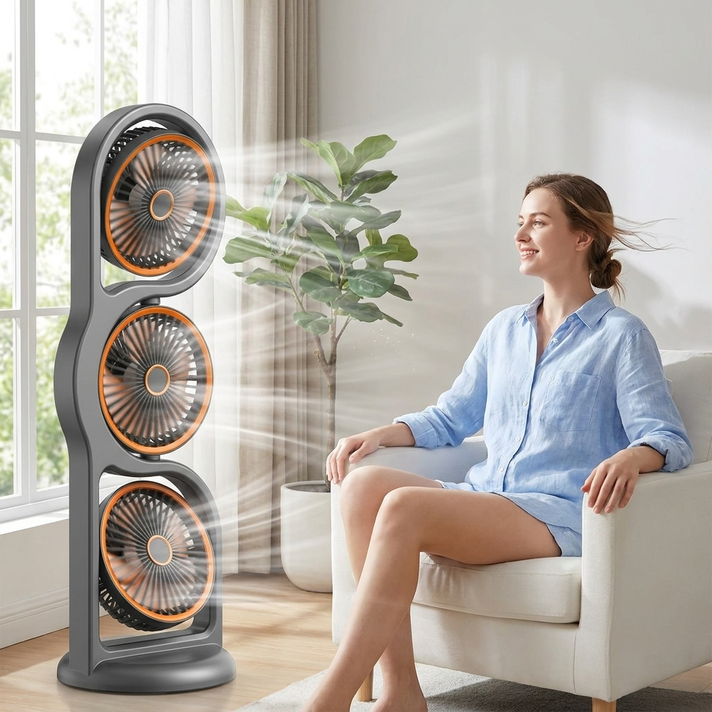Flexibler Dreikopf-Ventilator mit USB-Ladefunktion & 5 einstellbaren Geschwindigkeiten. Ideale Kühlung für den Sommer.