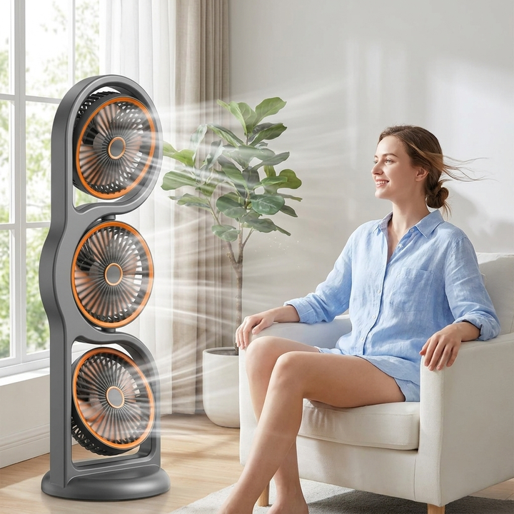Flexibler Dreikopf-Ventilator mit USB-Ladefunktion & 5 einstellbaren Geschwindigkeiten. Ideale Kühlung für den Sommer.