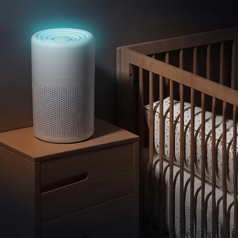Luftreiniger mit HEPA Filter, reduziert Allergene, Staub & Tierhaare, für gesündere Raumluft zu Hause.