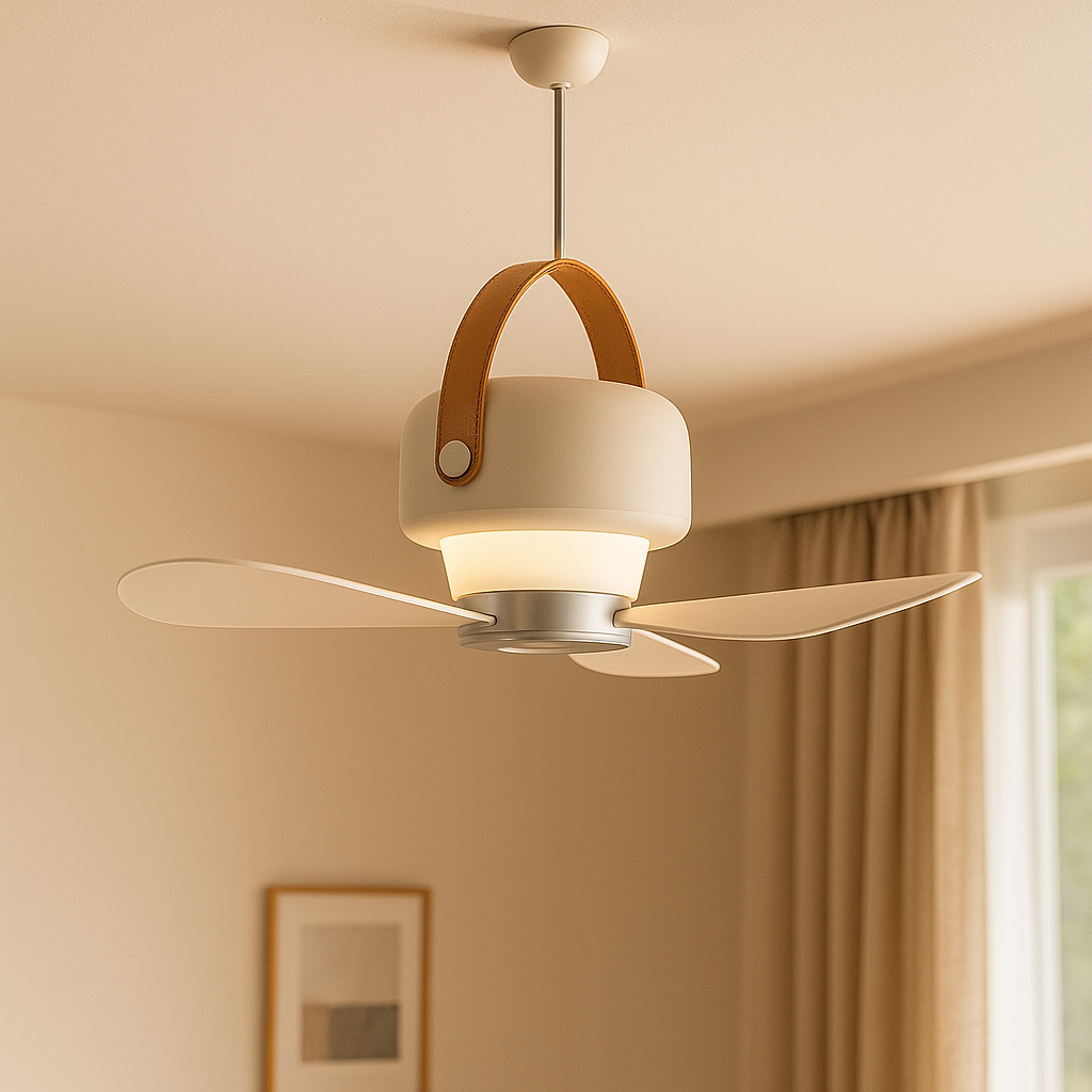 Kompakter wiederaufladbarer Ventilator für Camping, Büro & Terrasse. Kabellos, mit LED & Fernbedienung.