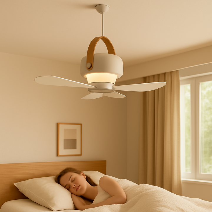 Eleganter tragbarer Ventilator, kabellos, mit integriertem LED-Licht & praktischer Fernbedienung.